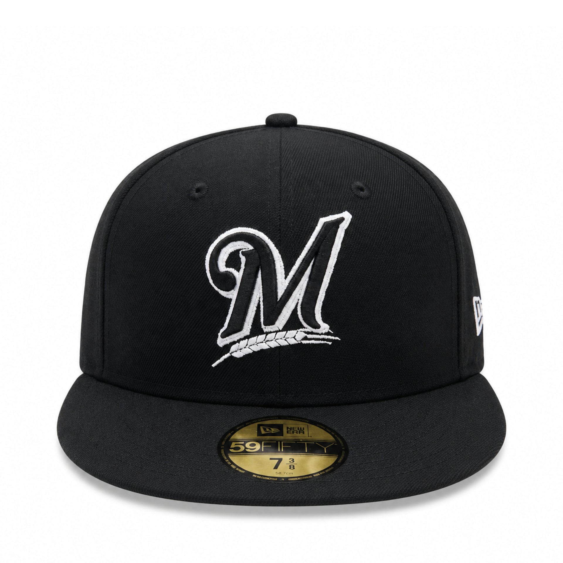 New Era Milwaukee Brewers Black White Outlined 59FIFTY Fitted Hat front view