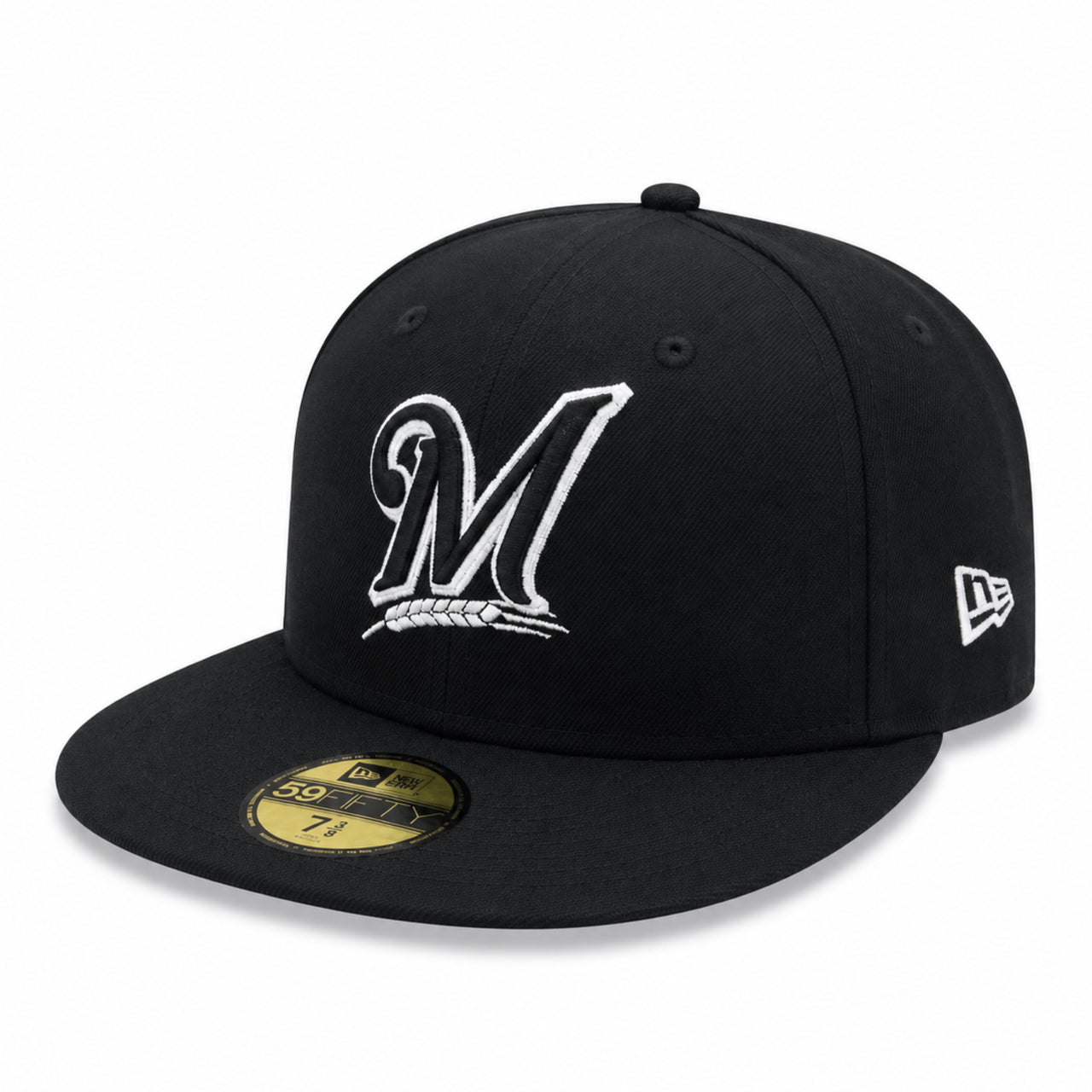 New Era Milwaukee Brewers Black White Outlined 59FIFTY Fitted Hat front left view