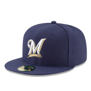 New Era Milwaukee Brewers Navy 59FIFTY Fitted Hat front left angle view