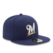 New Era YOUTH Milwaukee Brewers Navy 59FIFTY Fitted Hat front right angle view