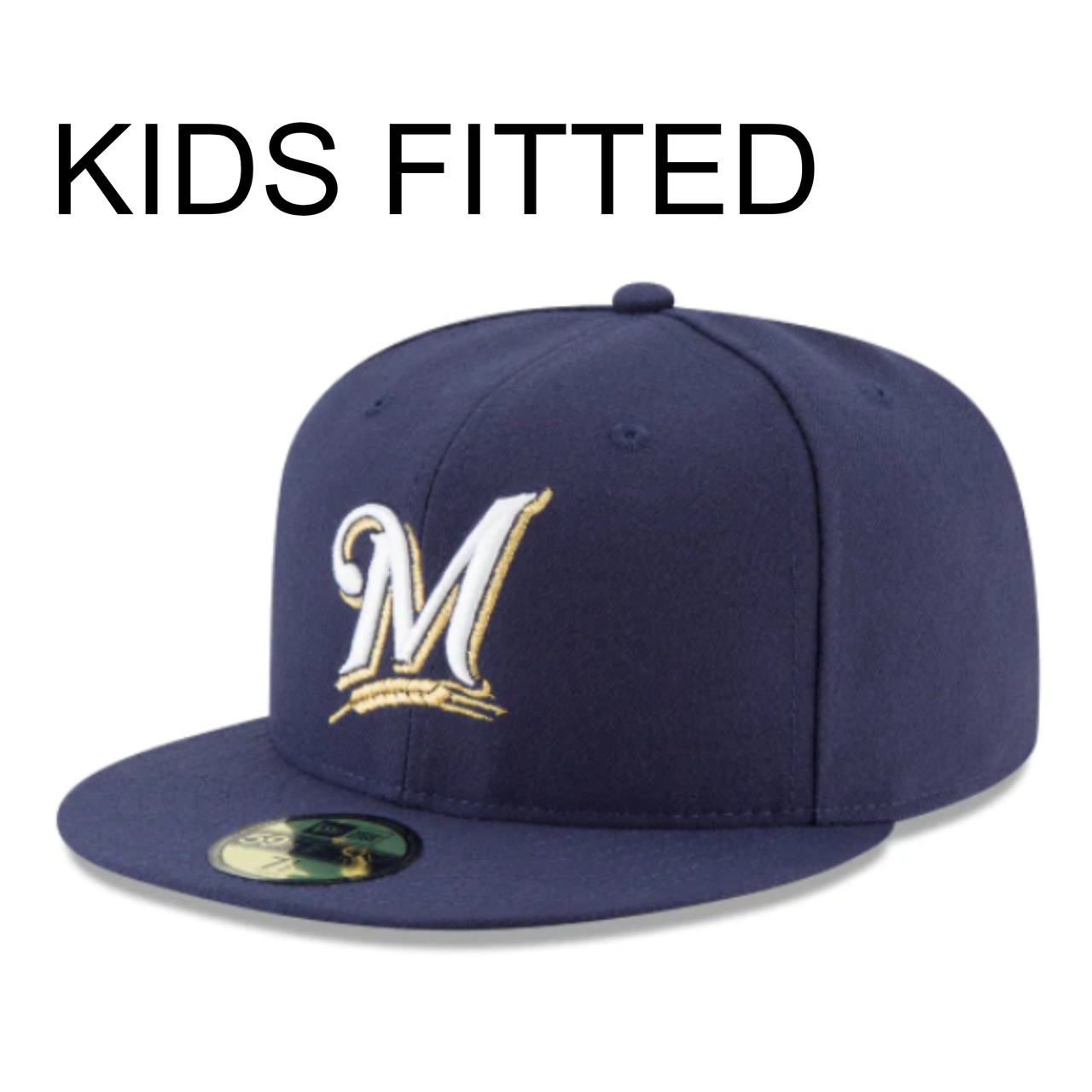New Era YOUTH Milwaukee Brewers Navy 59FIFTY Fitted Hat front left angle view