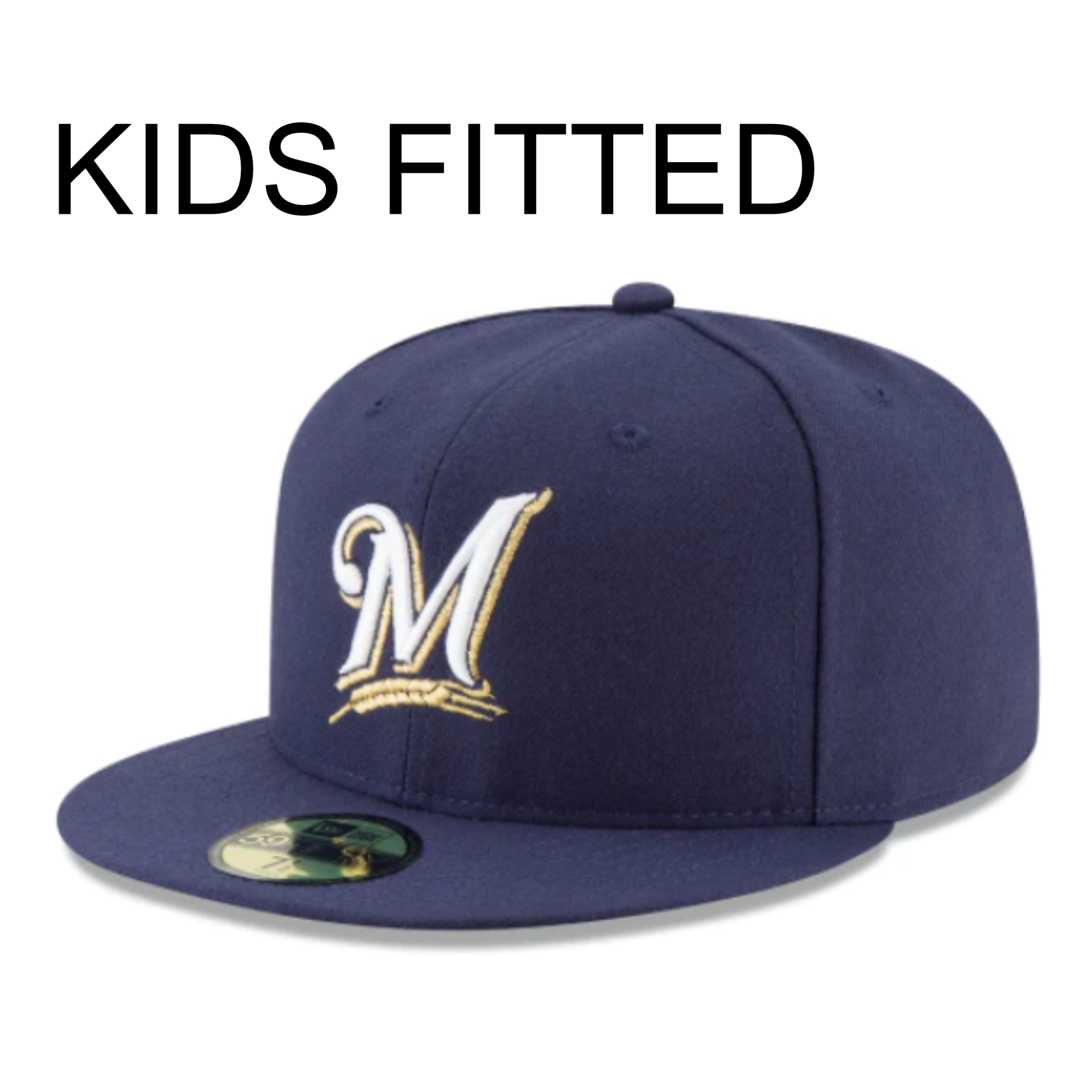 New Era YOUTH Milwaukee Brewers Navy 59FIFTY Fitted Hat front left angle view