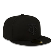 New Era Minnesota Twins TC Black on Black 59FIFTY Fitted Hat front right angle view