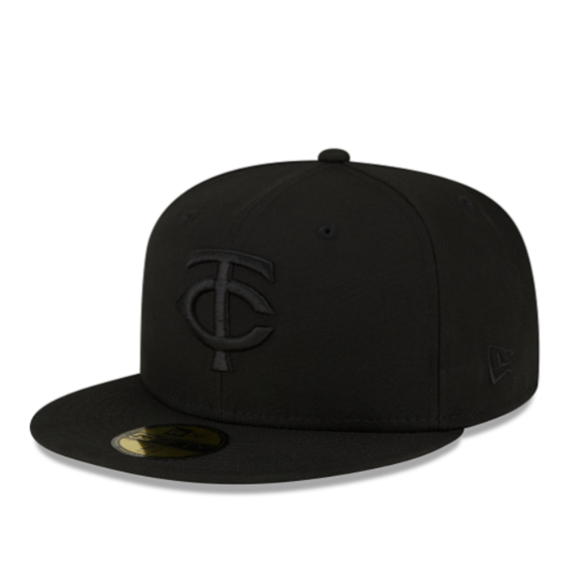 New Era Minnesota Twins TC Black on Black 59FIFTY Fitted Hat front left angle view