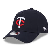 New Era Minnesota Twins Navy A-Frame 9FORTY Snapback Hat front left angle view