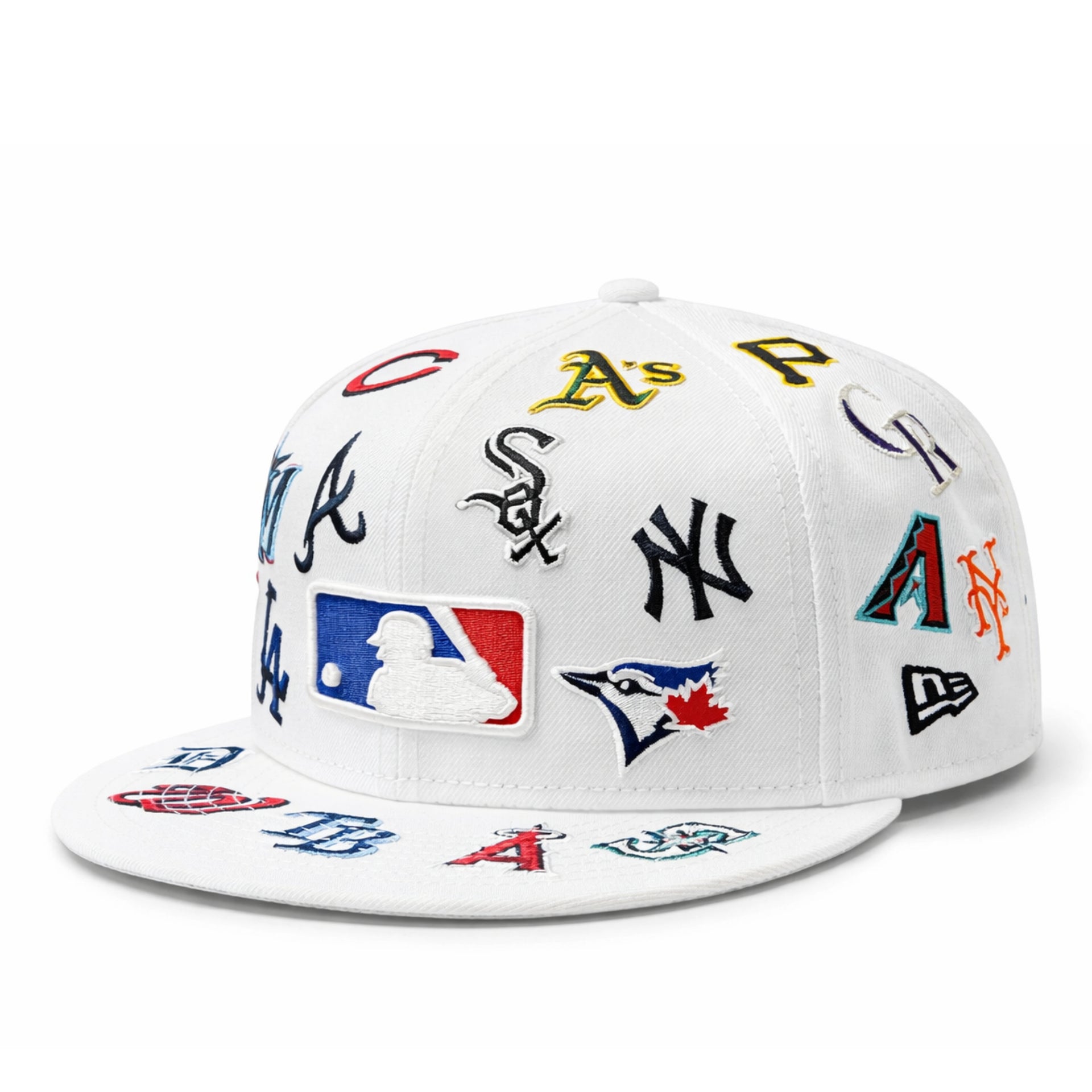 White cap with various Major League Baseball team logos on a white background