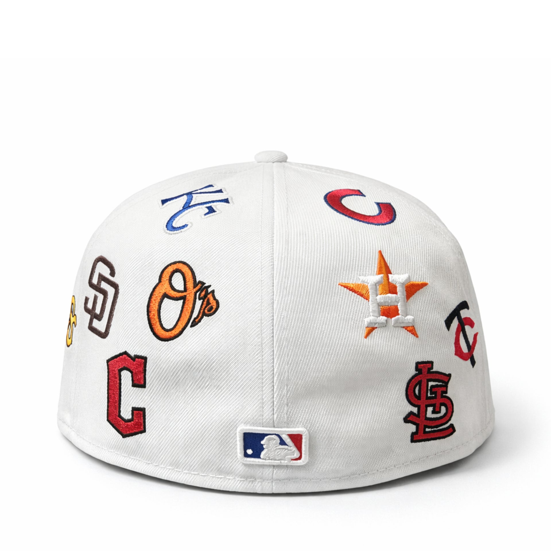 White cap with multiple Major League Baseball team logos on a white background