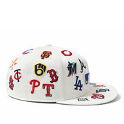 White cap with various colorful baseball team logos on a white background