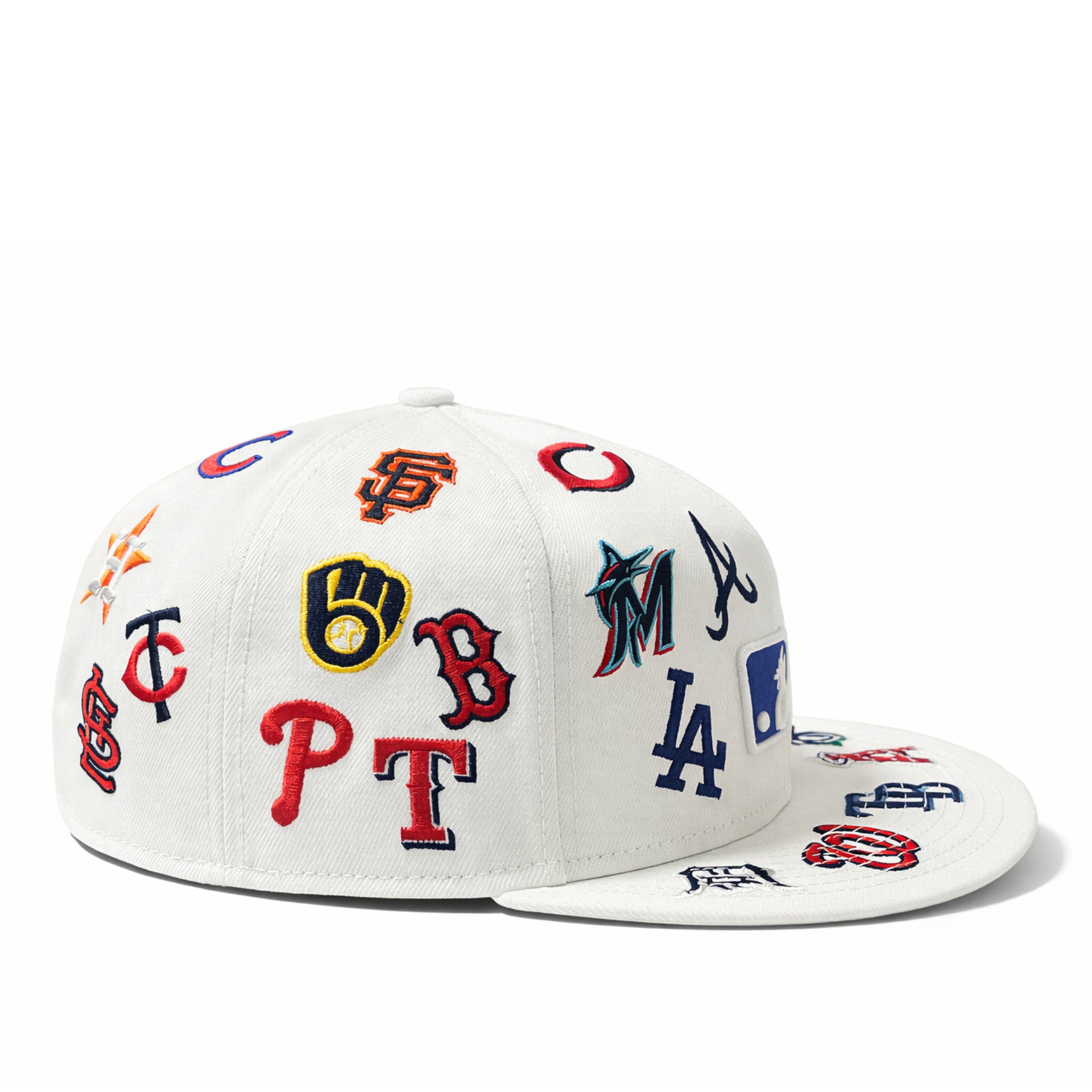 White cap with various colorful baseball team logos on a white background