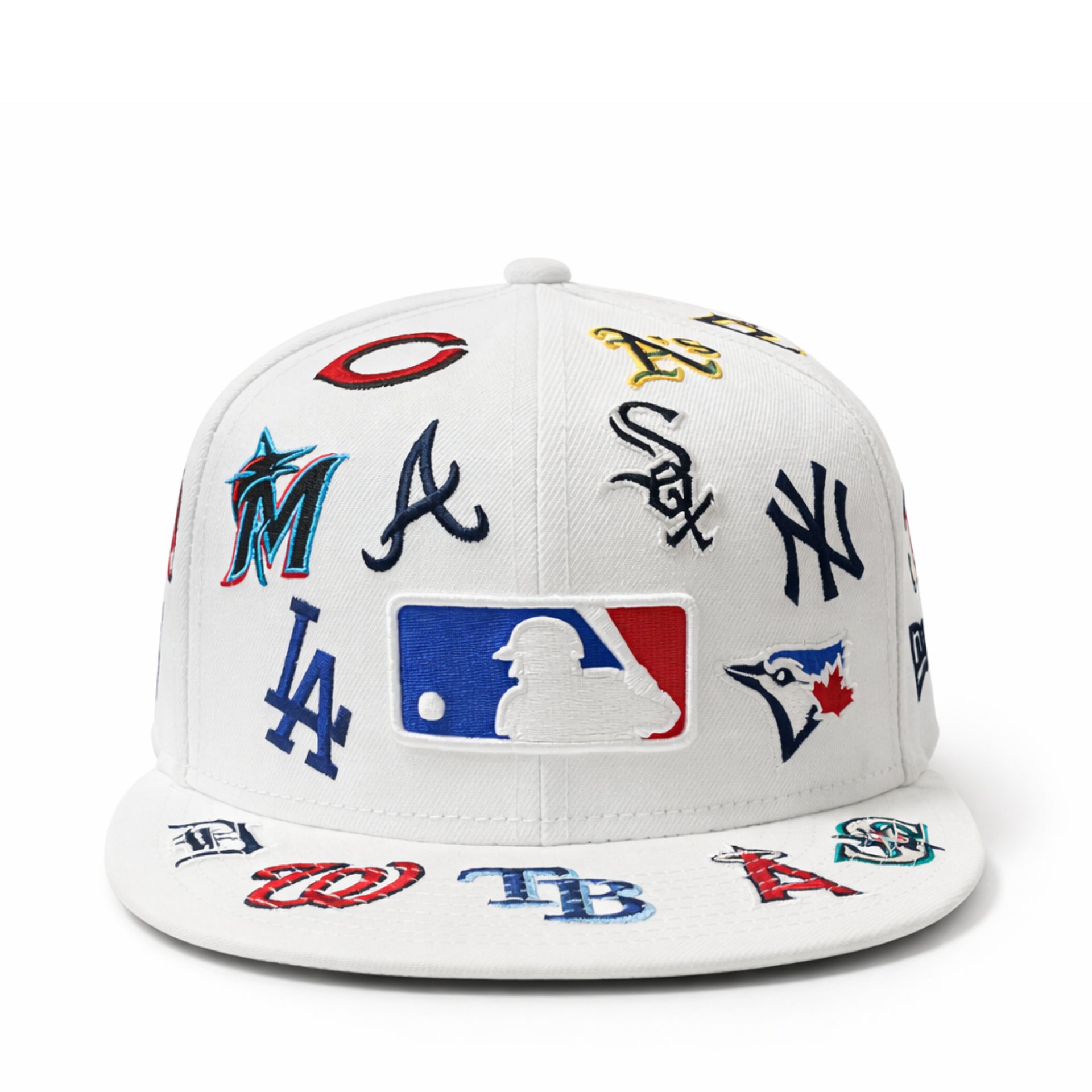White baseball cap with multiple Major League Baseball team logos on a white background