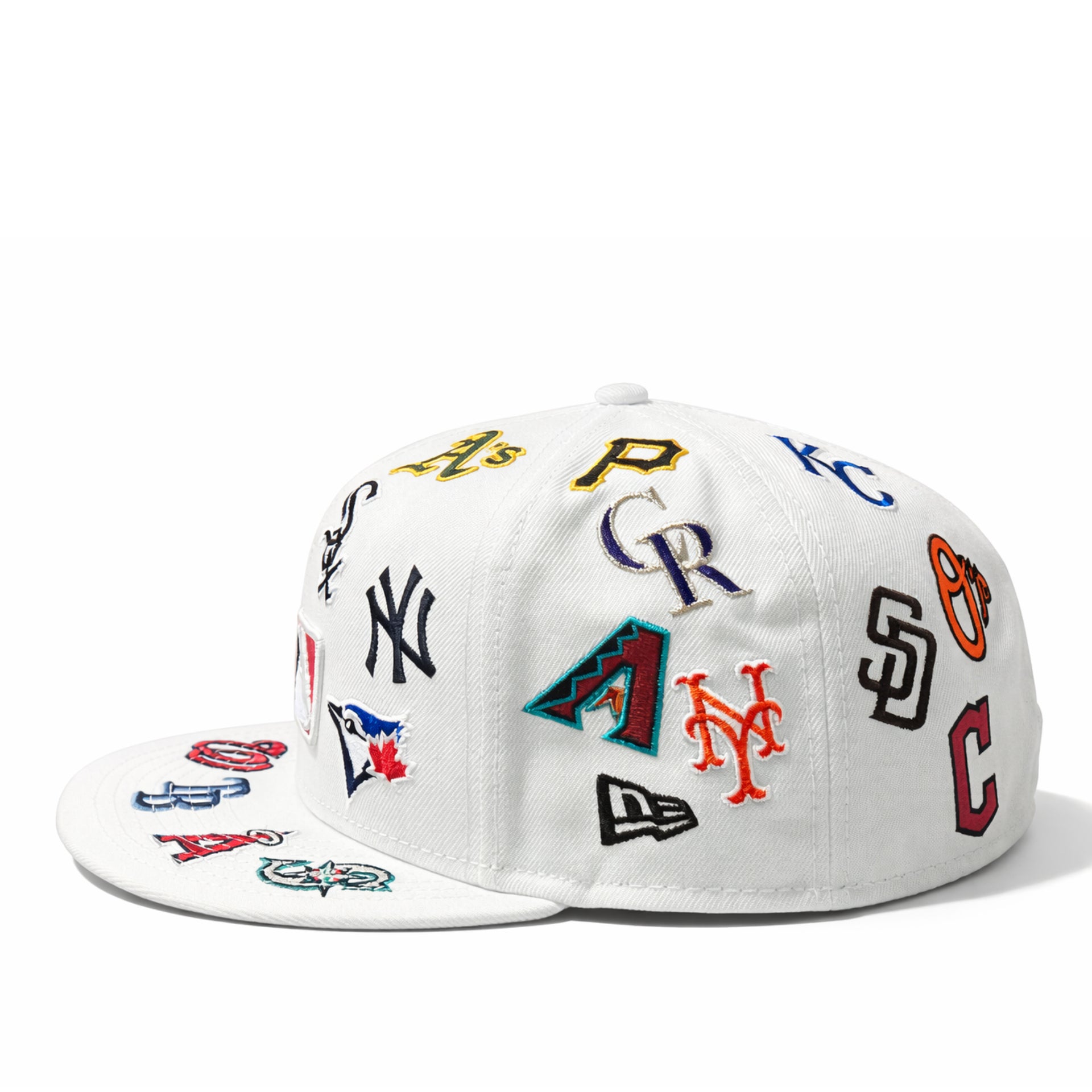 White cap with various baseball team logos on a white background