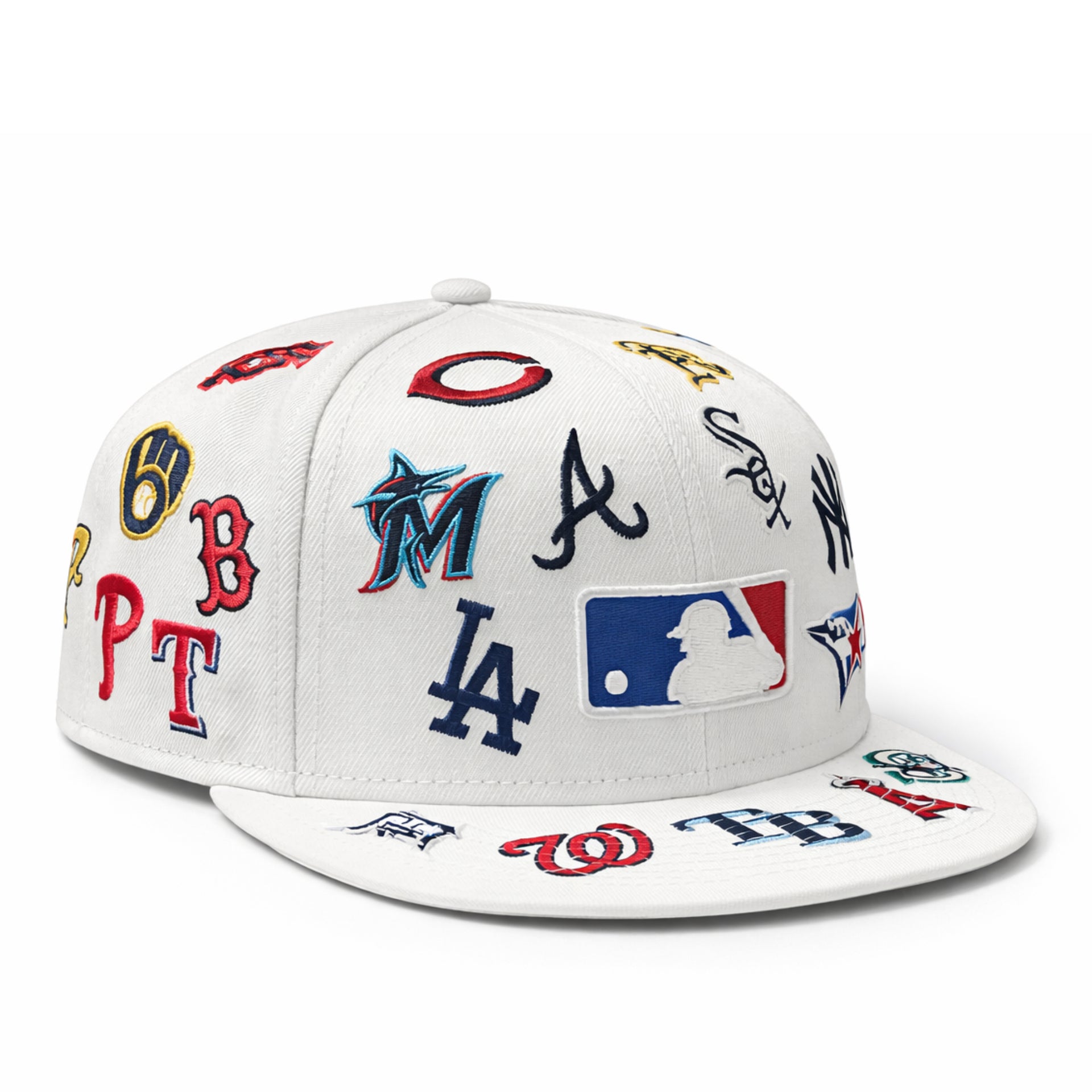 White cap with various Major League Baseball team logos on a white background
