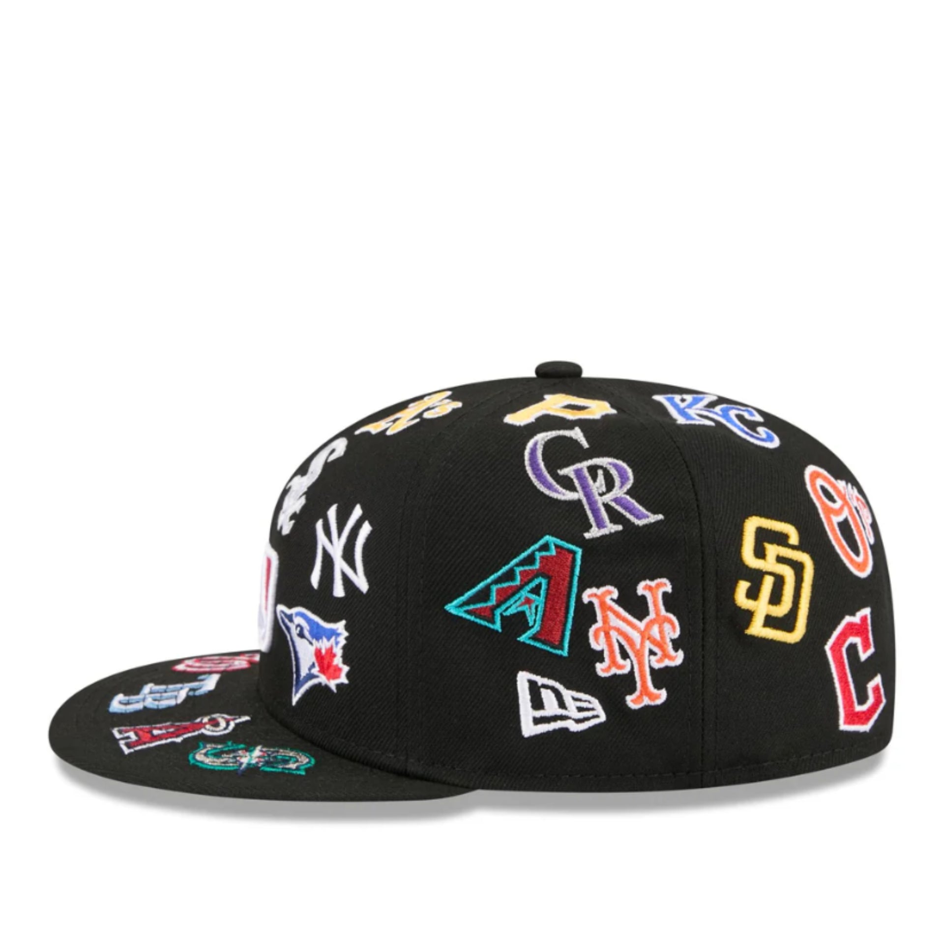 New Era MLB All Over Logo 59FIFTY Fitted Hat - Black left side view