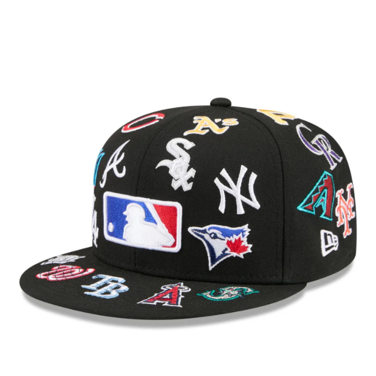 New Era MLB All Over Logo 59FIFTY Fitted Hat - Black front left view
