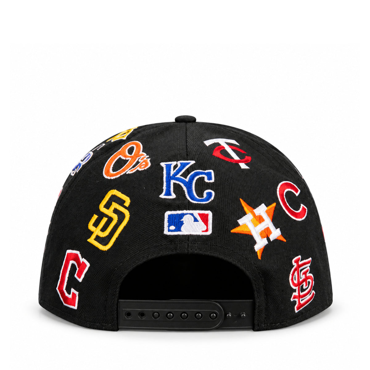 Back view of New Era MLB All Over Team Logo Black 9FIFTY Snapback Hat with adjustable snapback closure