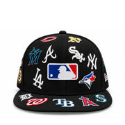 Front view of New Era MLB All Over Team Logo Black 9FIFTY Snapback Hat