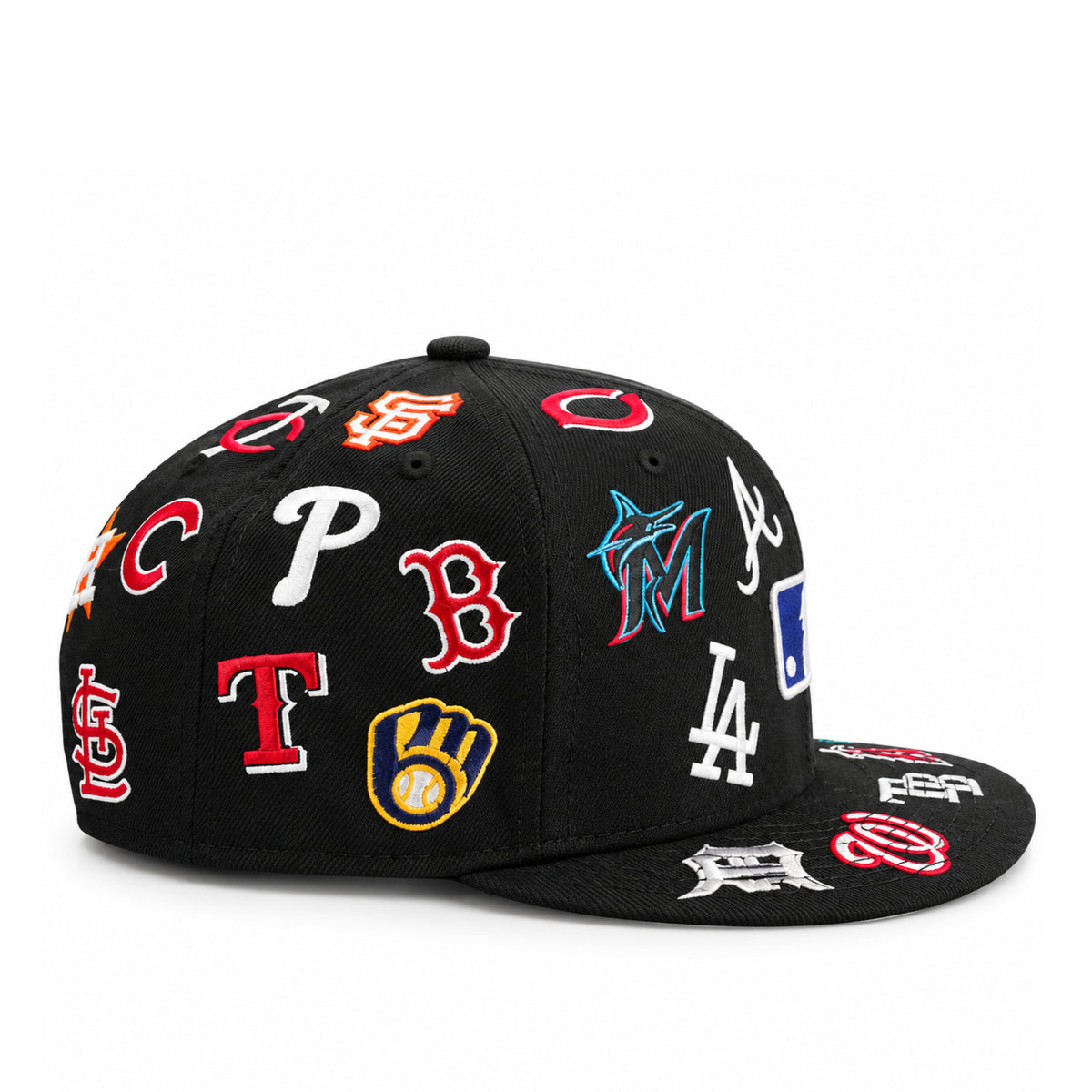 Opposite side view of New Era MLB All Over Team Logo Black 9FIFTY Snapback Hat
