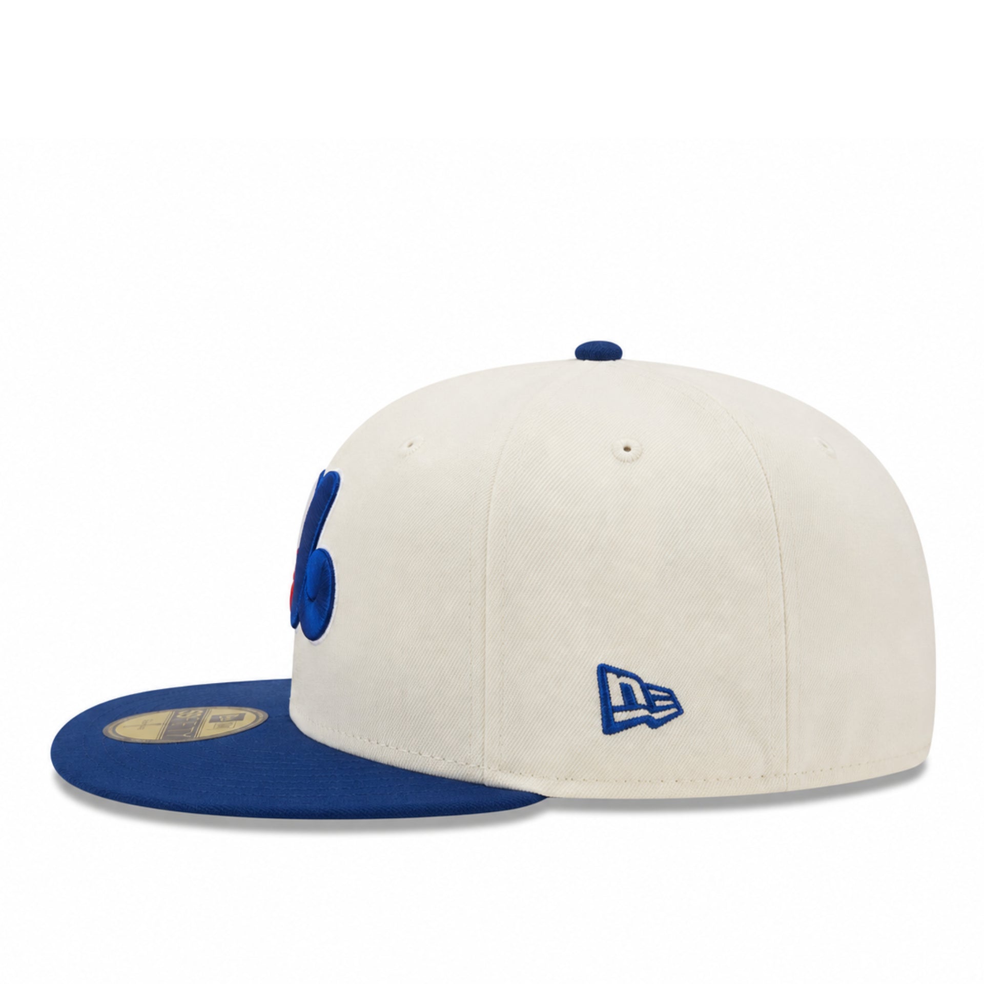 Two-tone cap with blue and beige colors on a white background
