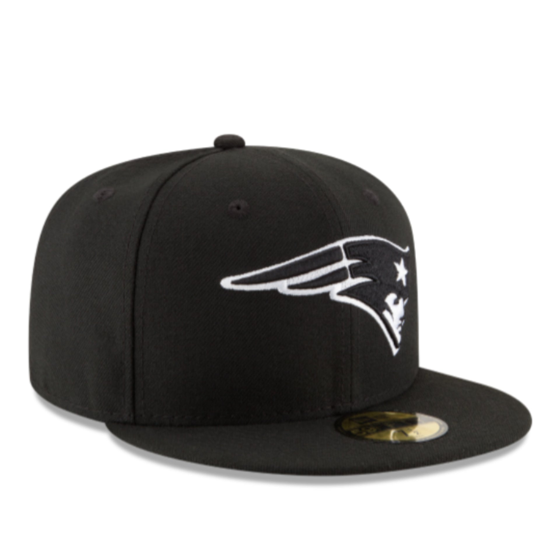 New Era New England Patriots Black White 59FIFTY Fitted Hat front right view