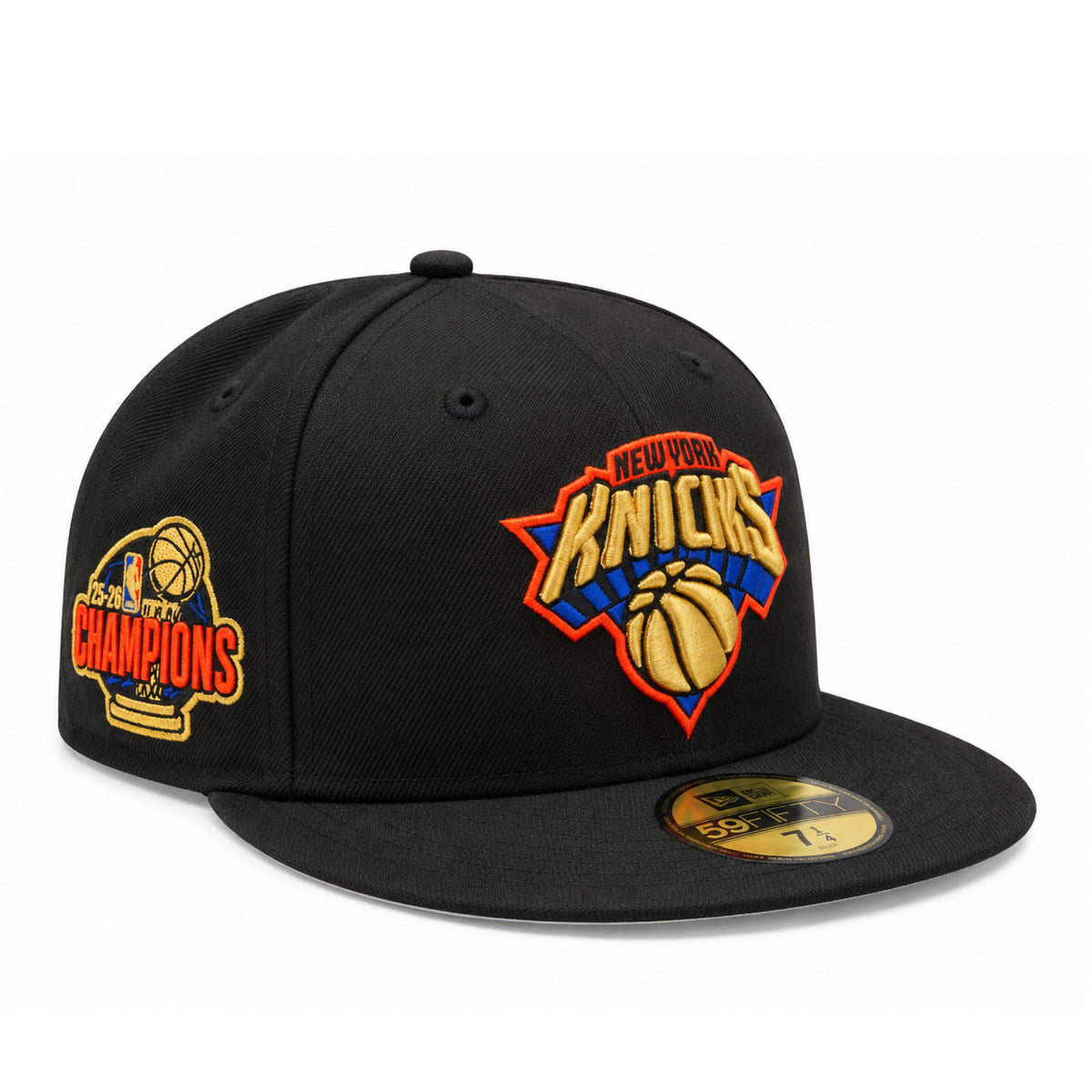 New Era New York Knicks 2026 Champions black 59FIFTY fitted hat featuring metallic gold Knicks embroidery and championship side patch