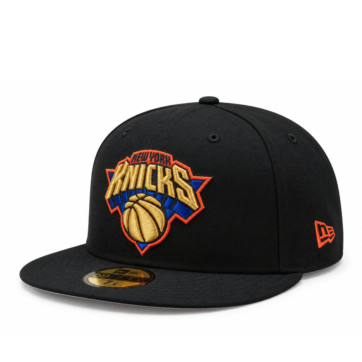 Side view of New York Knicks 2026 Champions black 59FIFTY fitted hat with orange New Era flag embroidery