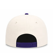 White cap with purple brim and logo on a white background
