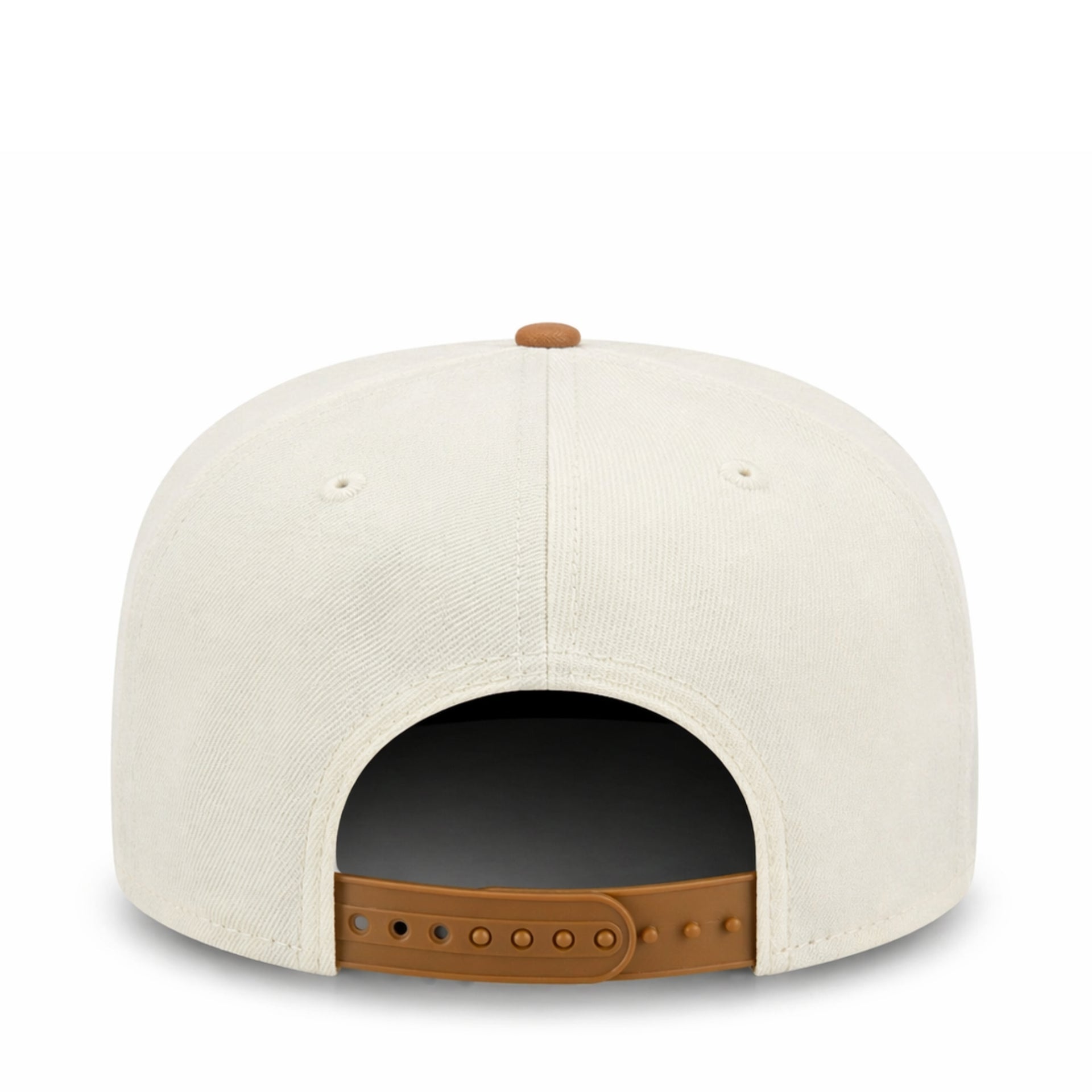 White cap with brown leather strap on a white background