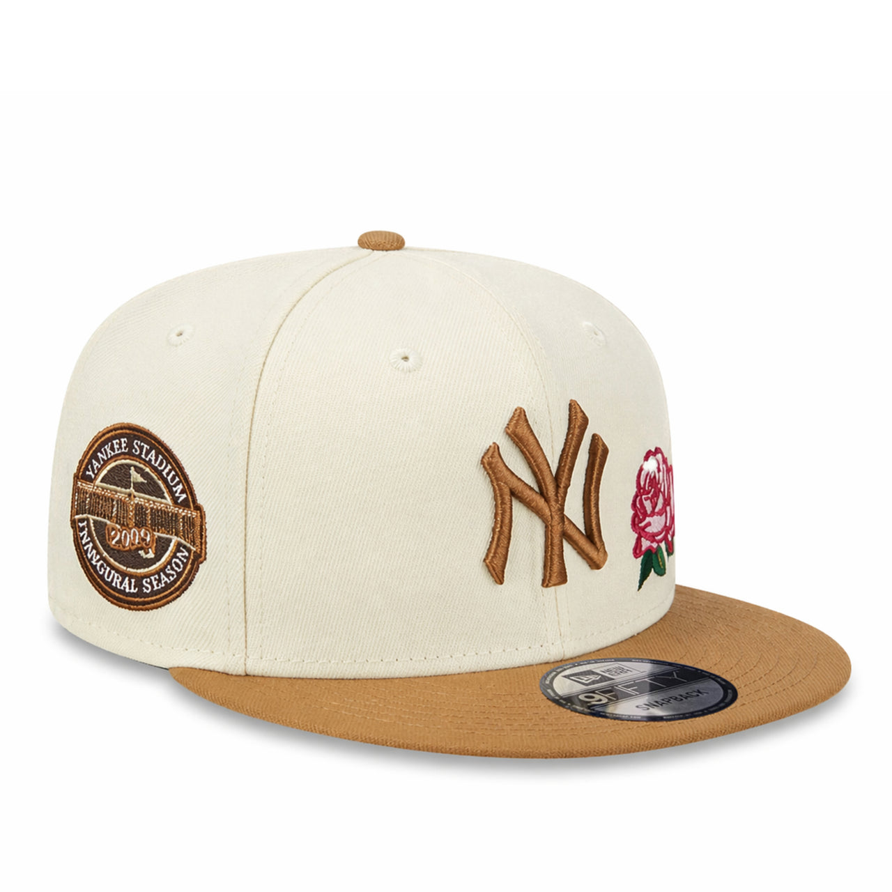 Baseball cap with new york yankees embroidered logo and patches on a white background