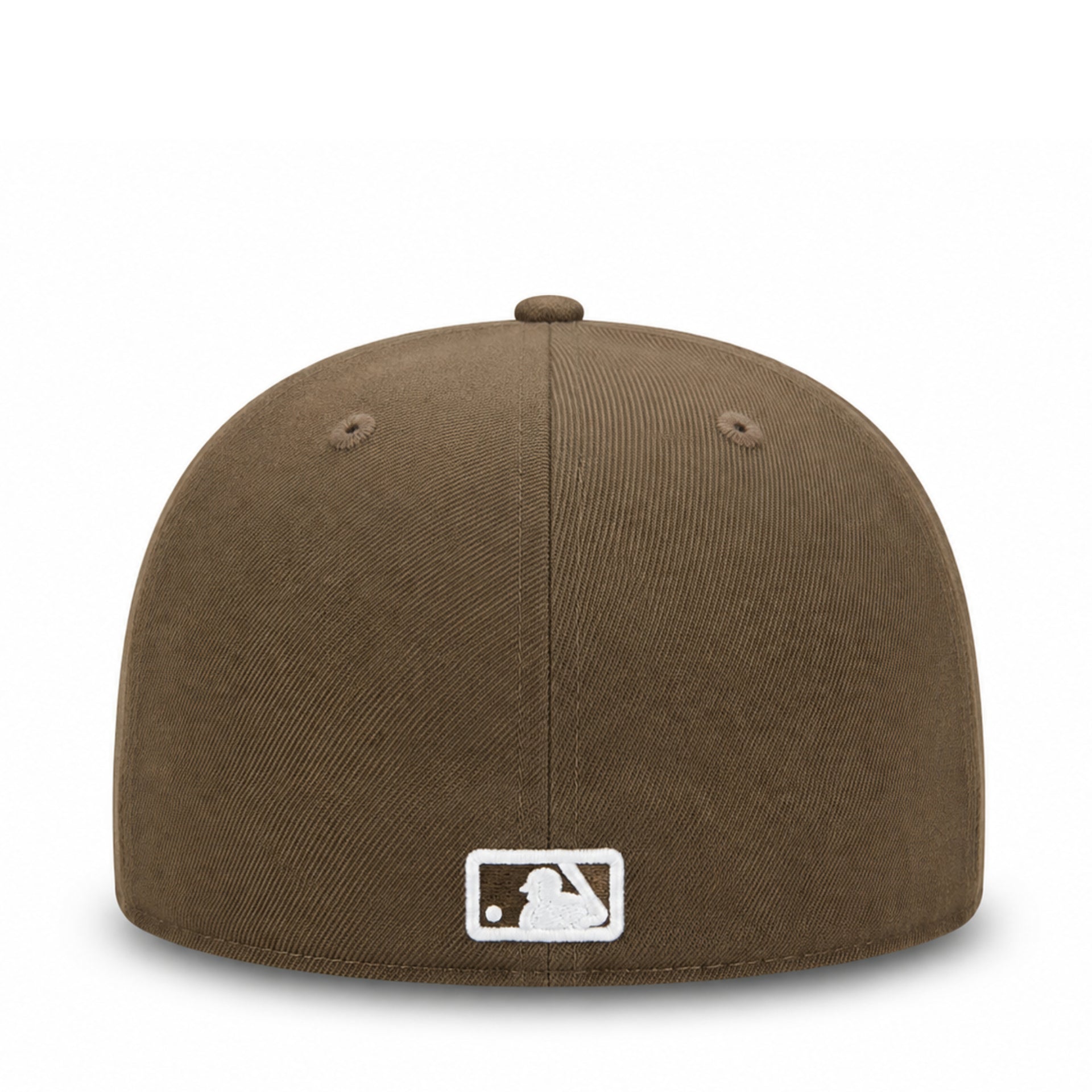 A structured brown baseball cap with a white embroidered MLB logo patch on the front, shown against a plain white background.