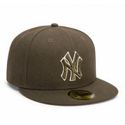 New Era New York Yankees 59FIFTY fitted hat in walnut brown with white outlined NY logo angled view