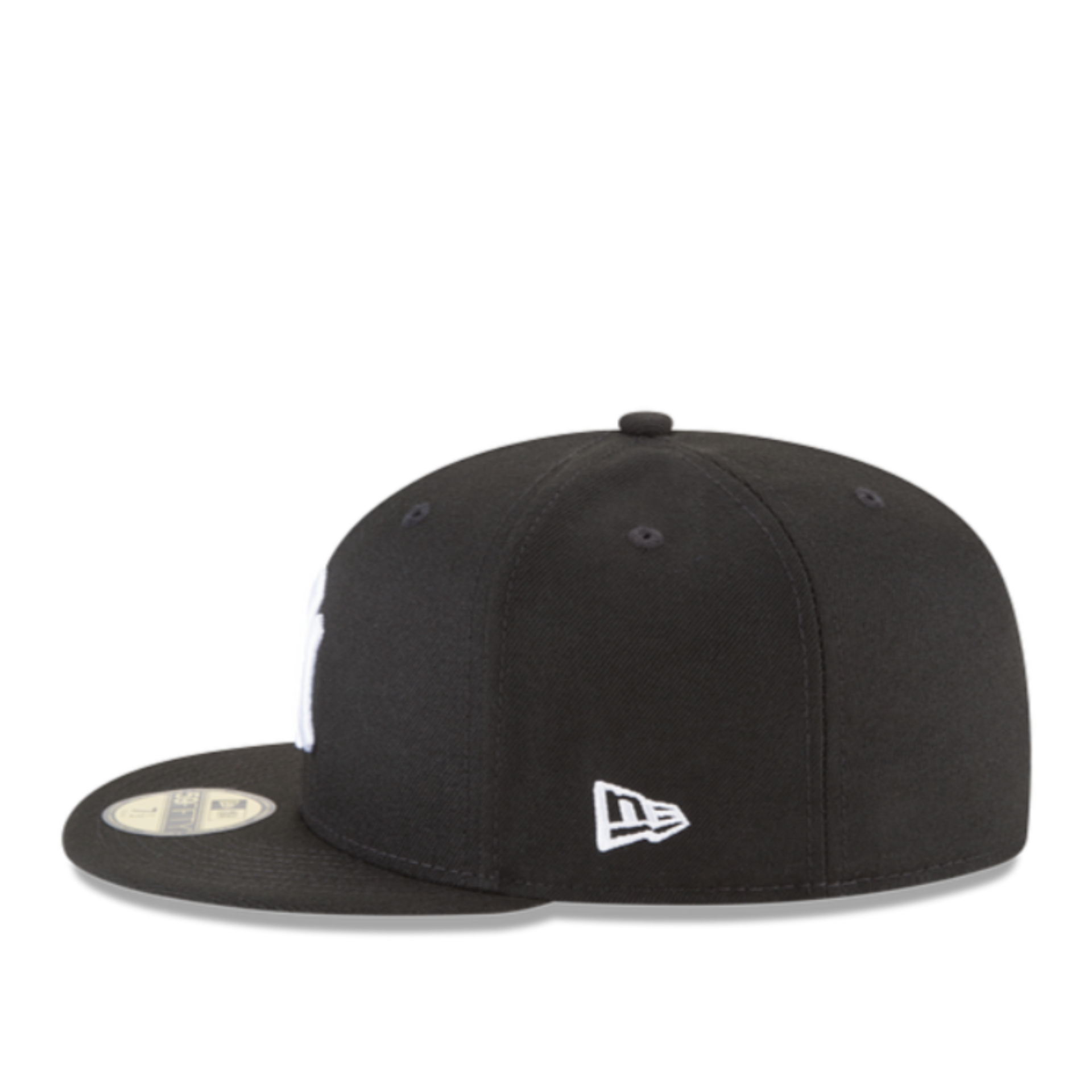 Side View of New Era New York Yankees NY Basic Black Hat With White Logo 59FIFTY Fitted Hat