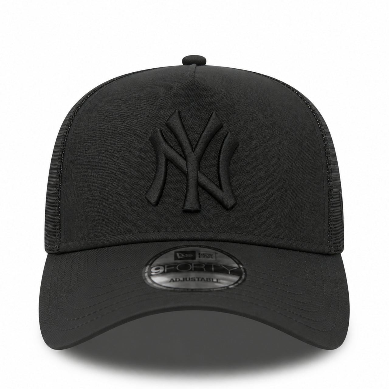 New Era New York Yankees Black on Black 9FORTY A-Frame Trucker Snapback Hat front view