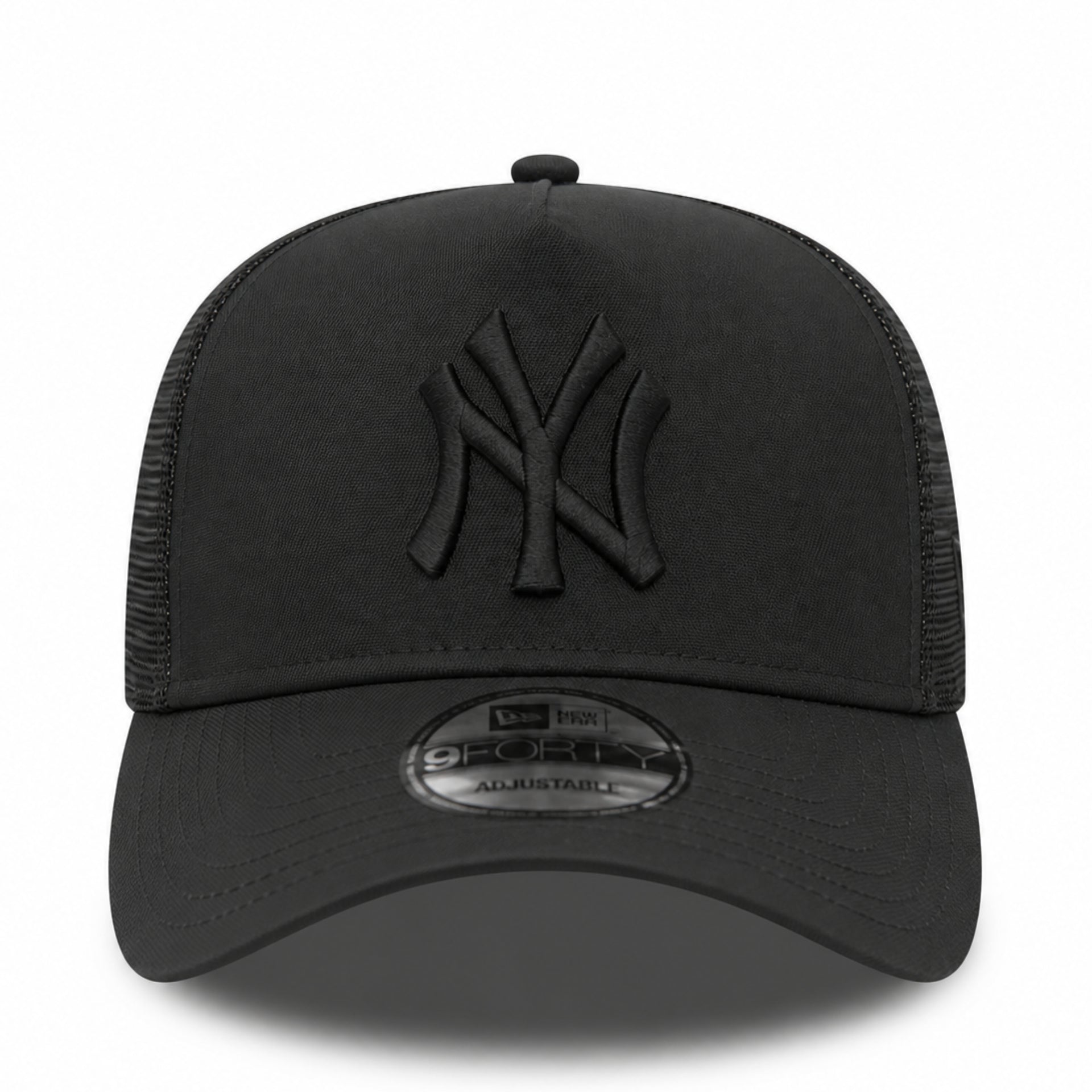 New Era New York Yankees Black on Black 9FORTY A-Frame Trucker Snapback Hat front view