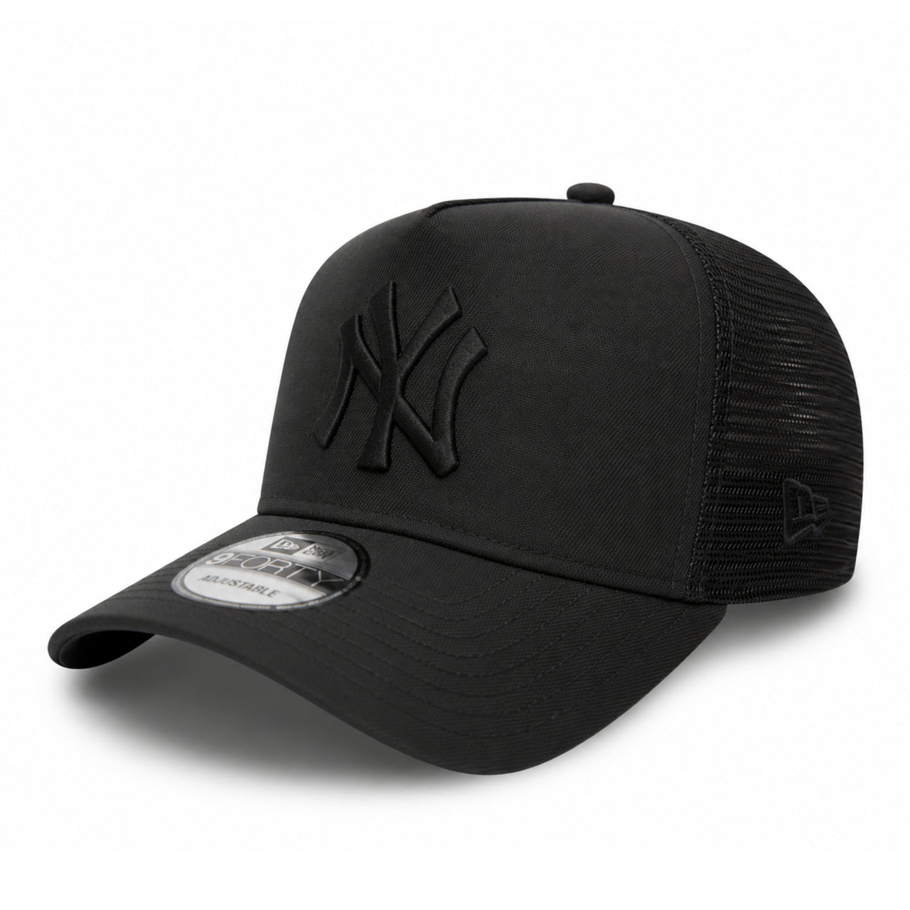 New Era New York Yankees Black on Black 9FORTY A-Frame Trucker Snapback Hat front angle view