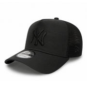 New Era New York Yankees Black on Black 9FORTY A-Frame Trucker Snapback Hat front angle view
