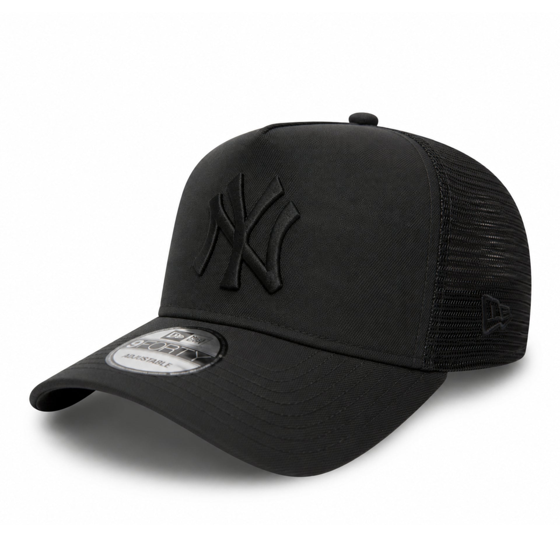 New Era New York Yankees Black on Black 9FORTY A-Frame Trucker Snapback Hat front angle view