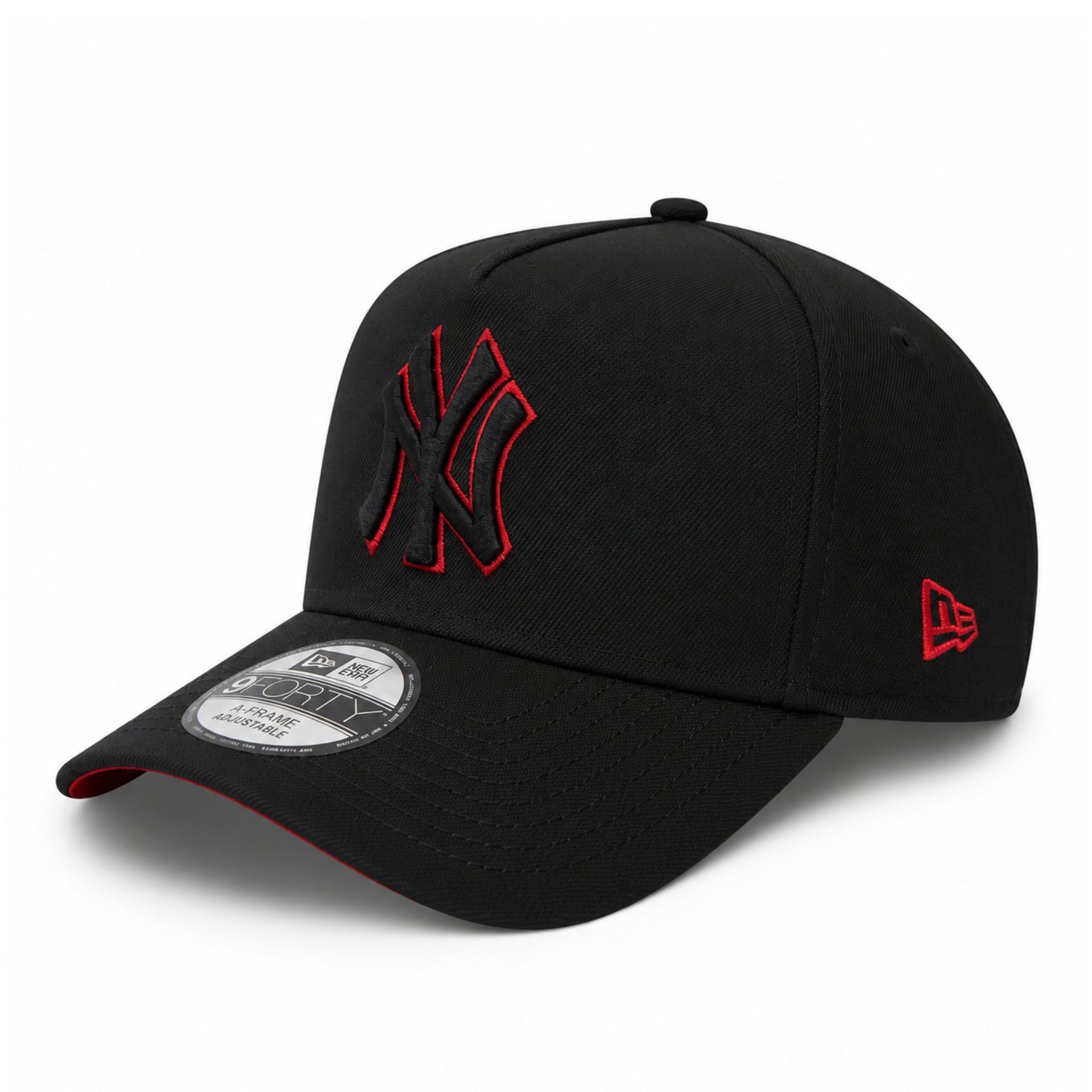 New Era New York Yankees Black Red Outlined 9FORTY A-Frame Snapback Hat front angle view