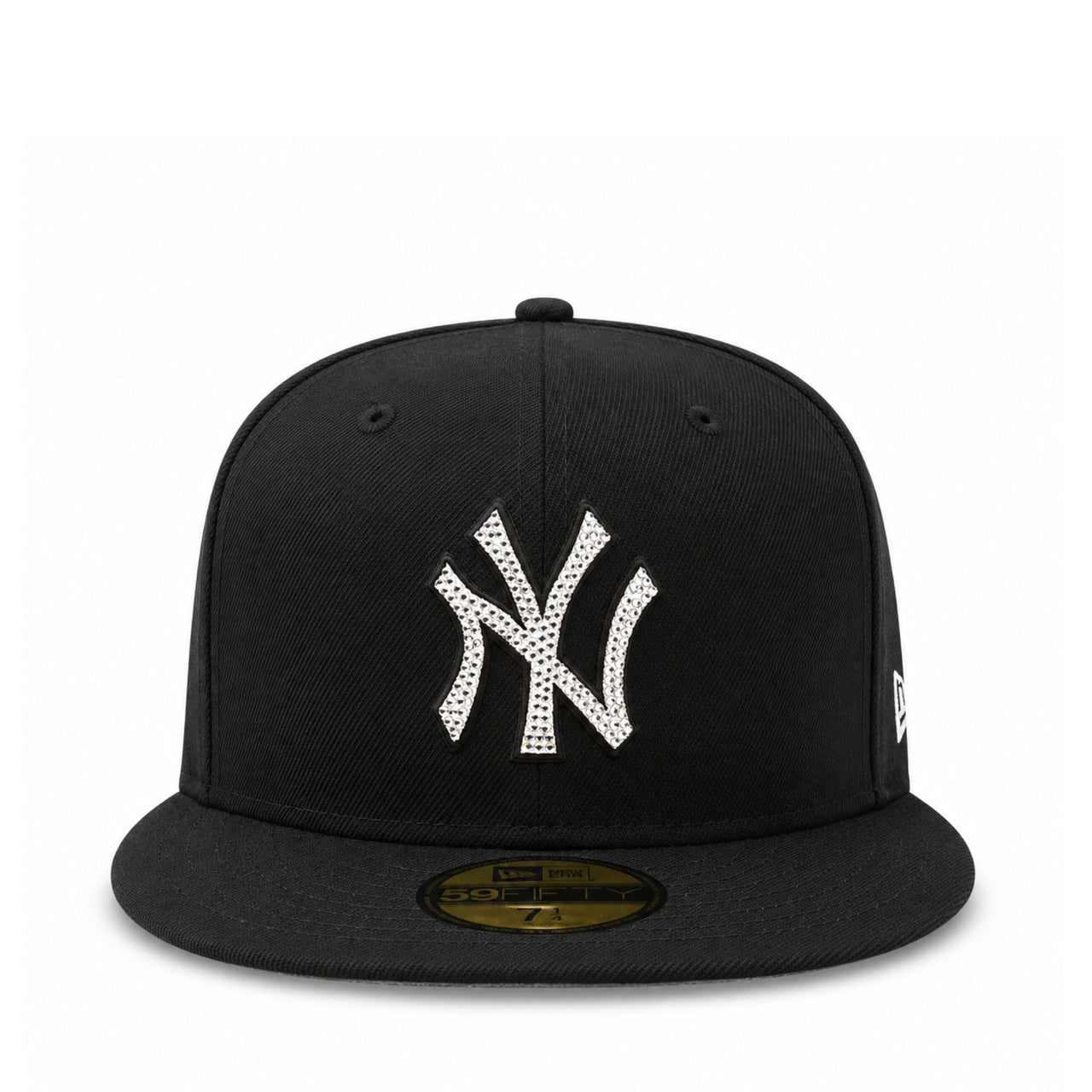 A black New York Yankees fitted cap featuring a white embroidered NY logo embellished with small rhinestones, set against a plain white background.