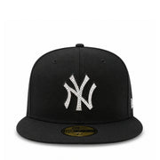 A black New York Yankees fitted cap featuring a white embroidered NY logo embellished with small rhinestones, set against a plain white background.