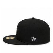 A black New Era 59FIFTY fitted baseball cap with a white embroidered logo on the side and a gold sticker on the brim, shown against a plain white background.