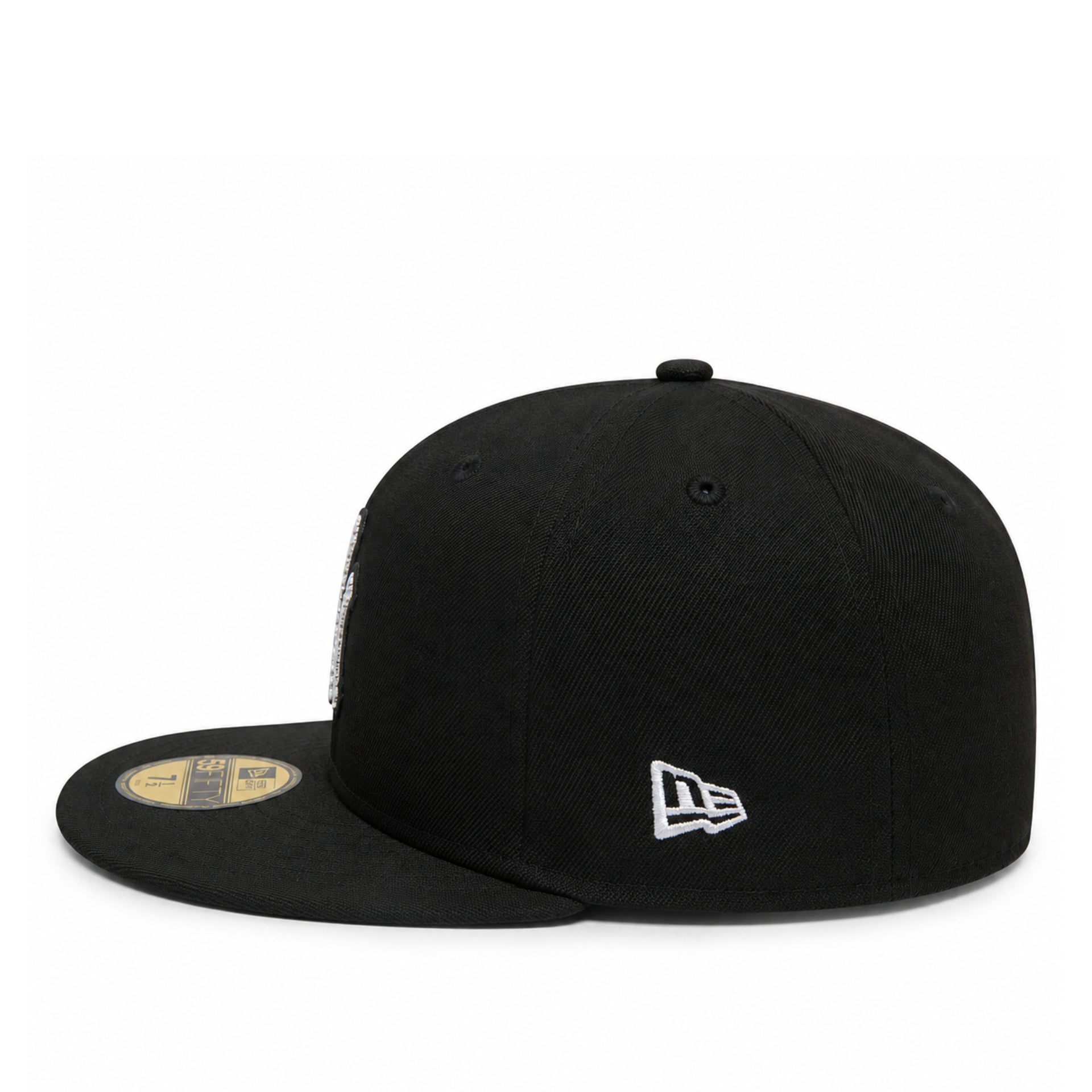 A black New Era 59FIFTY fitted baseball cap with a white embroidered logo on the side and a gold sticker on the brim, shown against a plain white background.