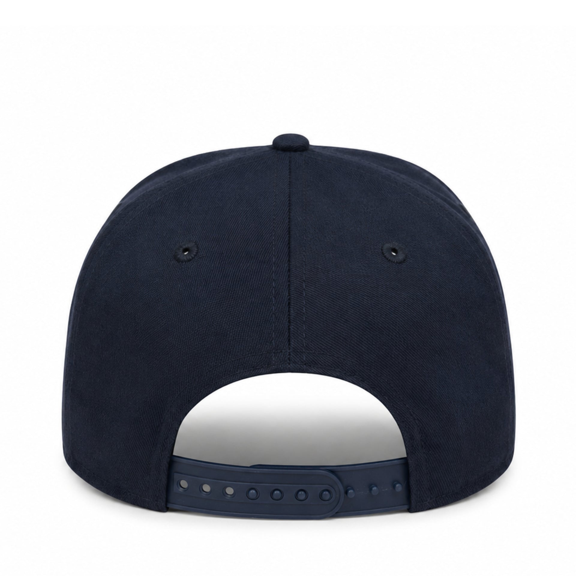 Navy blue cap with a reflective back on a white background