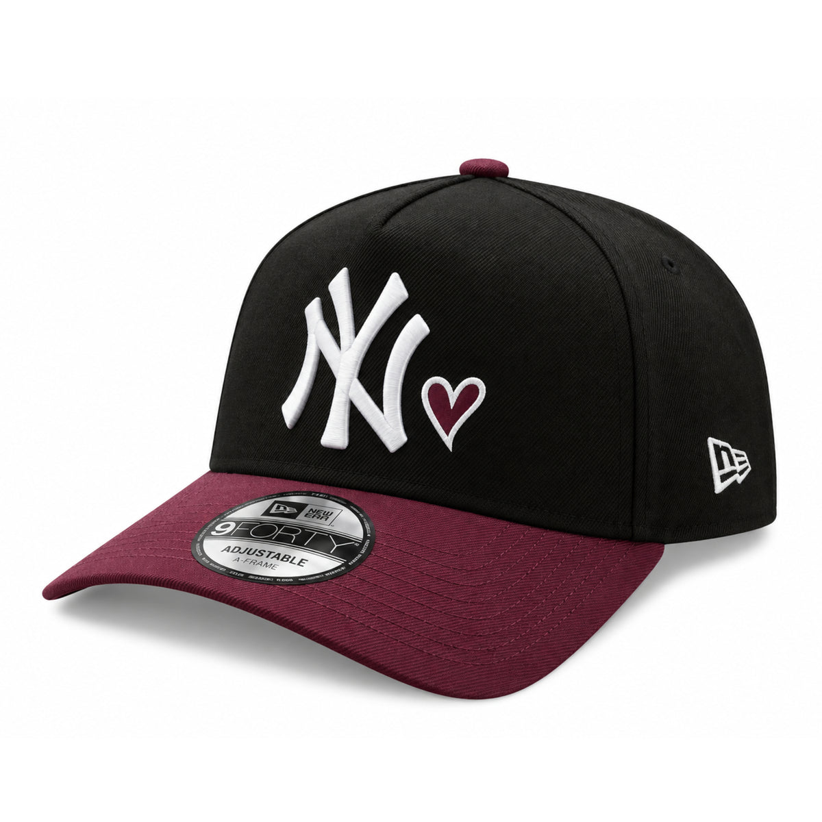 New Era New York Yankees Heart Black/Burgundy 9FORTY A-Frame Snapback Hat front angled view
