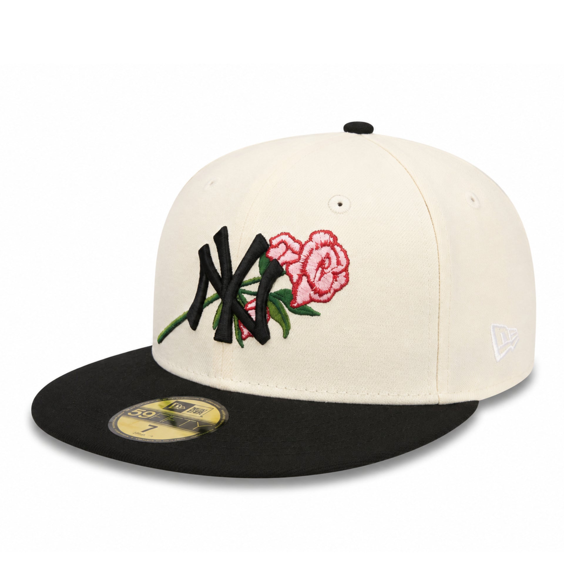 Two-tone cap with embroidered floral and yankees design on a white background