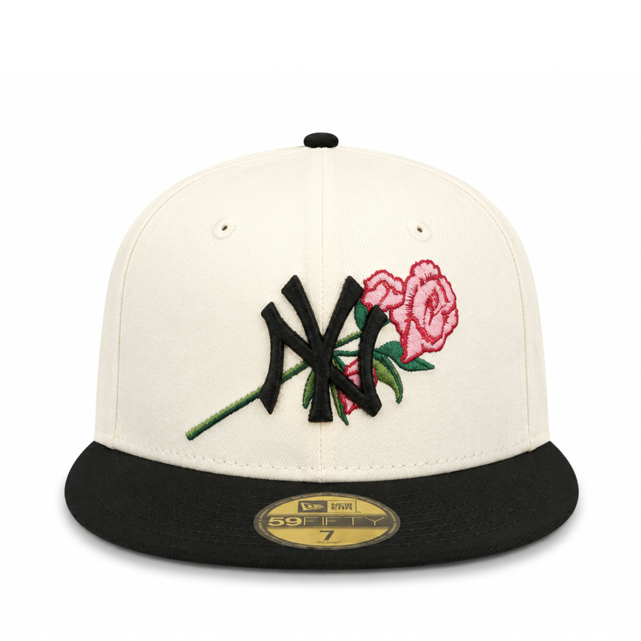 Baseball cap with floral design and NY logo on a white background