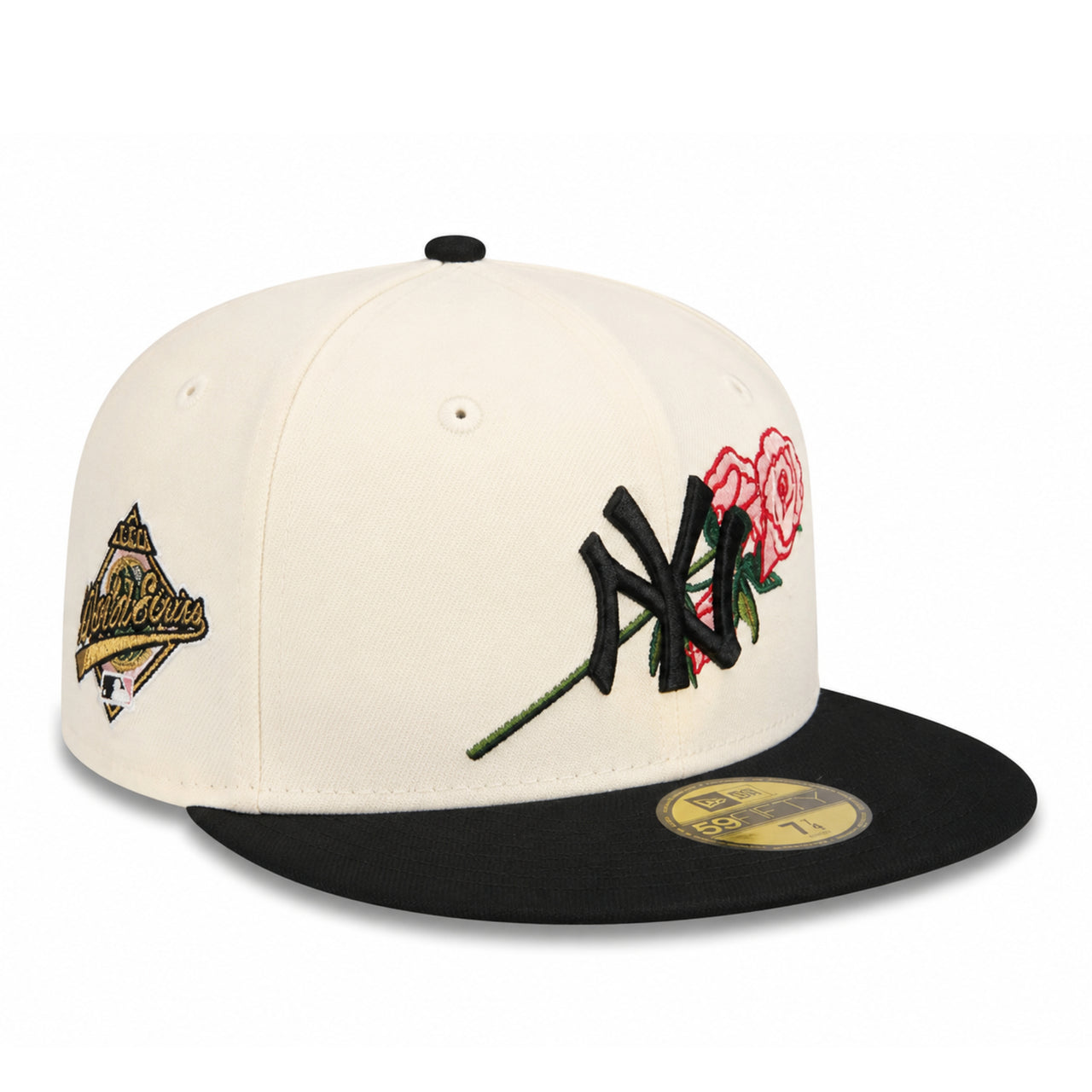 Baseball cap with floral design and branding on a white background