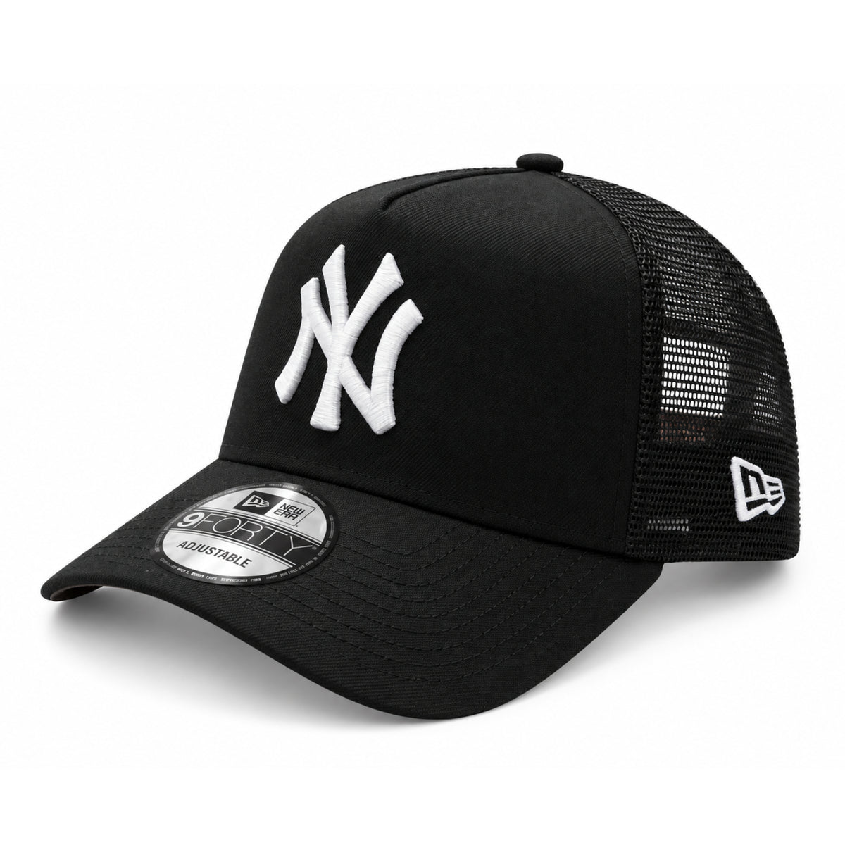 New Era New York Yankees Trucker Black White 9FORTY A-Frame Snapback Hat front angled view