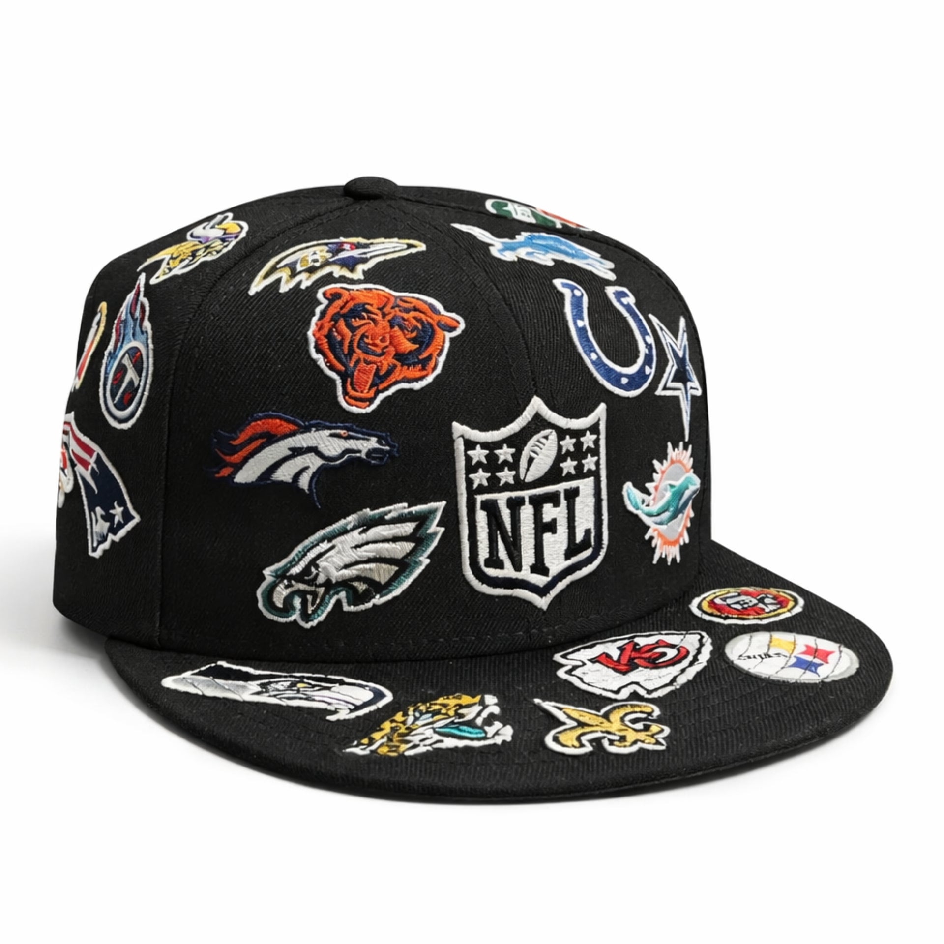 right of New Era NFL All Over Multi Patch 59FIFTY Fitted Hat-Black