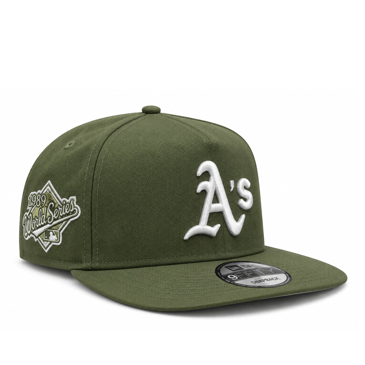 New Era Oakland Athletics 1989 World Series Olive 9FIFTY A-Frame Snapback Hat front angled view