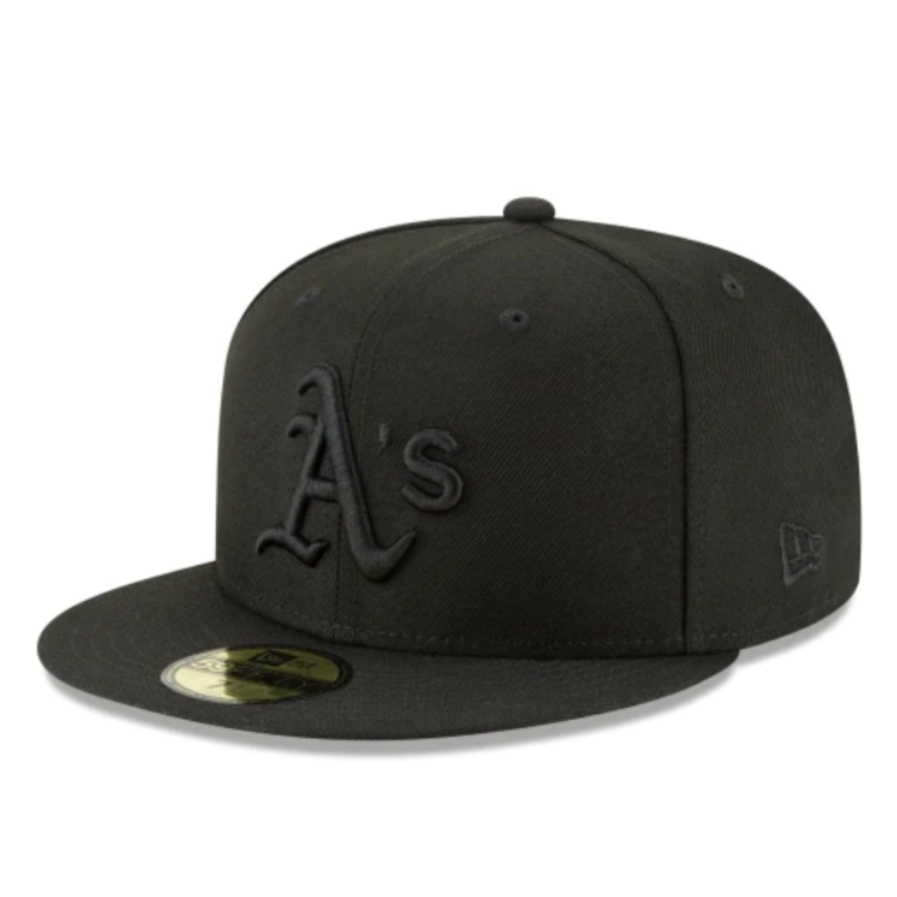 New Era Oakland Athletics A’s Black on Black 59FIFTY Fitted Hat Front Side view